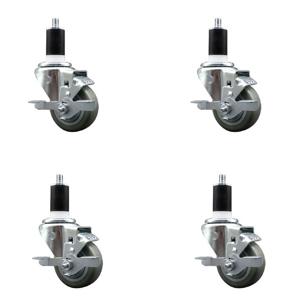 Service Caster 3'' SS Gray Poly Swivel 1-1/2'' Expanding Stem Caster Set with Brake, 4PK SCC-SSEX20S314-PPUB-TLB-112-4 - main